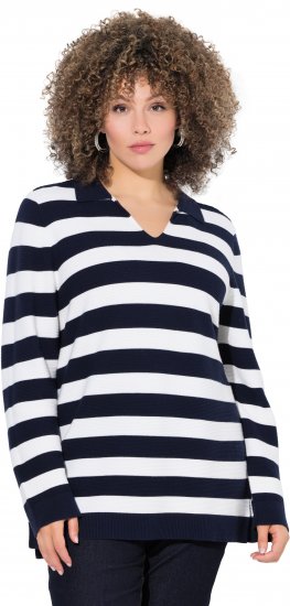 Ulla Popken Striped Polo Collar Long Sleeve Sweater Navy - Hettegensere og collegegensere - Myke gensere, hettegensere og strikk