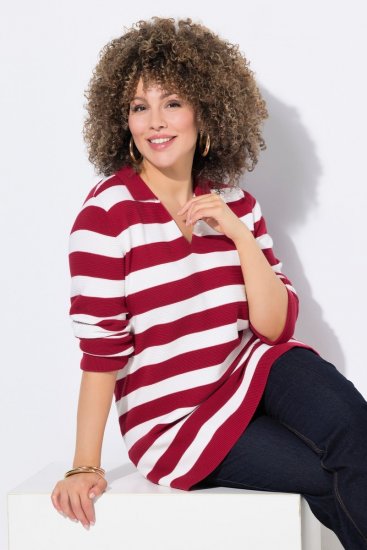 Ulla Popken Striped Polo Collar Long Sleeve Sweater Ruby Red - Hettegensere og collegegensere - Myke gensere, hettegensere og strikk