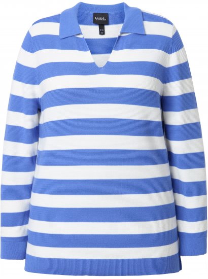 Ulla Popken Striped Polo Collar Long Sleeve Sweater Aegean Blue - Hettegensere og collegegensere - Myke gensere, hettegensere og strikk