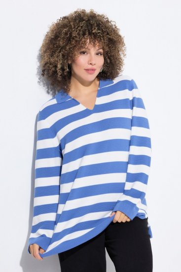 Ulla Popken Striped Polo Collar Long Sleeve Sweater Aegean Blue - Hettegensere og collegegensere - Myke gensere, hettegensere og strikk