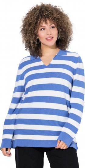 Ulla Popken Striped Polo Collar Long Sleeve Sweater Aegean Blue - Hettegensere og collegegensere - Myke gensere, hettegensere og strikk