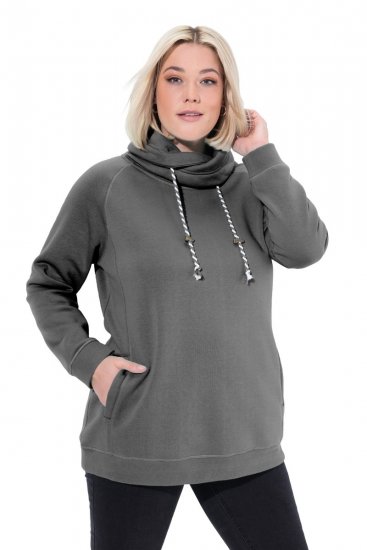 Ulla Popken Drawstring Collar Long Sleeve Sweatshirt Graphite Grey - Ulla Popken - Ulla Popken Plus-Size Klær