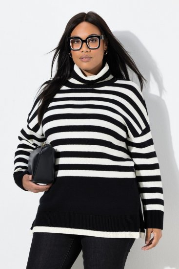 Ulla Popken Striped Stand-Up Collar Sweater Black - Hettegensere og collegegensere - Myke gensere, hettegensere og strikk