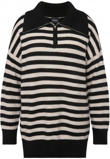 Ulla Popken Striped Troyer Collar Sweater Black - Hettegensere og collegegensere - Myke gensere, hettegensere og strikk