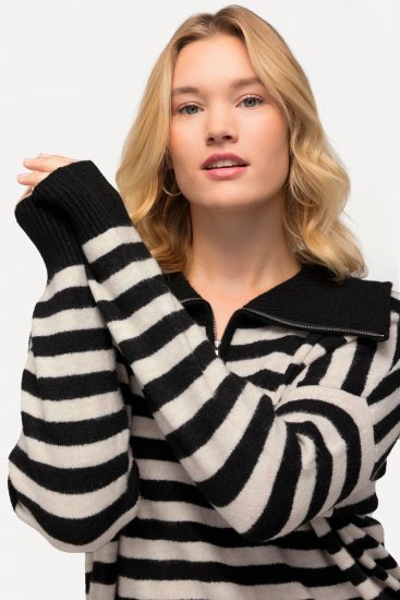 Ulla Popken Striped Troyer Collar Sweater Black - Hettegensere og collegegensere - Myke gensere, hettegensere og strikk