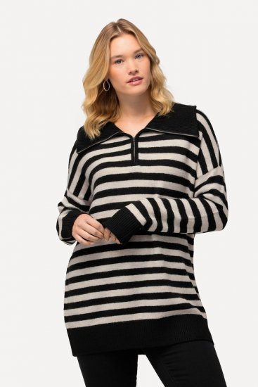Ulla Popken Striped Troyer Collar Sweater Black - Hettegensere og collegegensere - Myke gensere, hettegensere og strikk