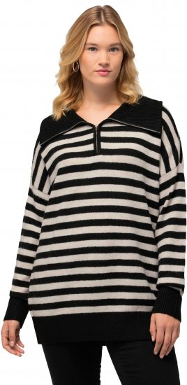 Ulla Popken Striped Troyer Collar Sweater Black - Hettegensere og collegegensere - Myke gensere, hettegensere og strikk