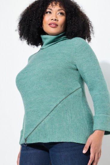 Ulla Popken Asymmetric Zipper Turtleneck Sweater Green - Hettegensere og collegegensere - Myke gensere, hettegensere og strikk