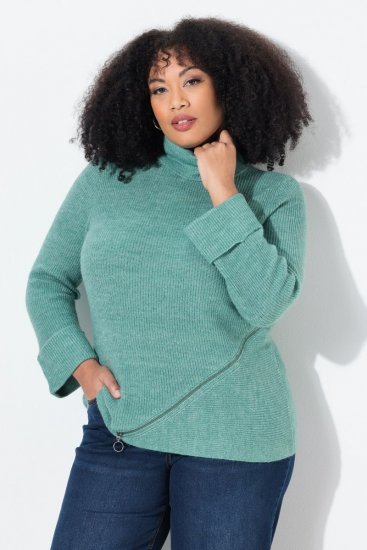 Ulla Popken Asymmetric Zipper Turtleneck Sweater Green - Hettegensere og collegegensere - Myke gensere, hettegensere og strikk