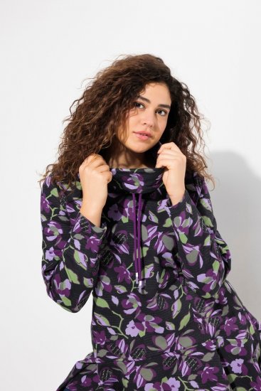 Ulla Popken Floral Stand-Up Collar Flounce Panel Sweatshirt Black - Hettegensere og collegegensere - Myke gensere, hettegensere og strikk