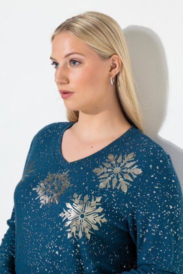 Ulla Popken Metallic Print Extra Soft Christmas Sweatshirt Petrol - Ulla Popken - Ulla Popken Plus-Size Klær