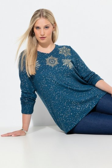 Ulla Popken Metallic Print Extra Soft Christmas Sweatshirt Petrol - Ulla Popken - Ulla Popken Plus-Size Klær