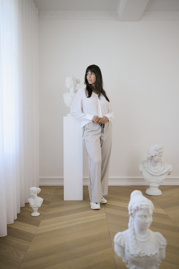 Kaffe Curve Sirana Pants Beige Melange/Black Stripe - Stoffbukser - 