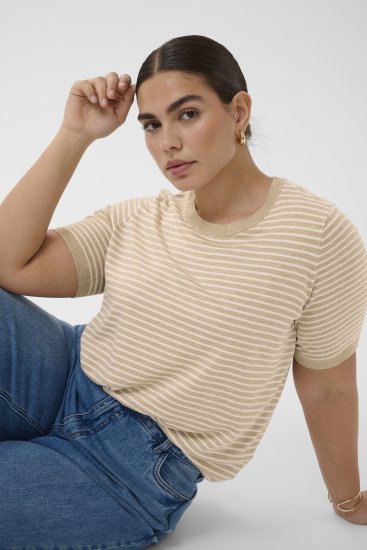 Kaffe Curve Lizzy Knit T-Shirt Feather Melange/Chalk Fine Stripe - T-skjorter - 