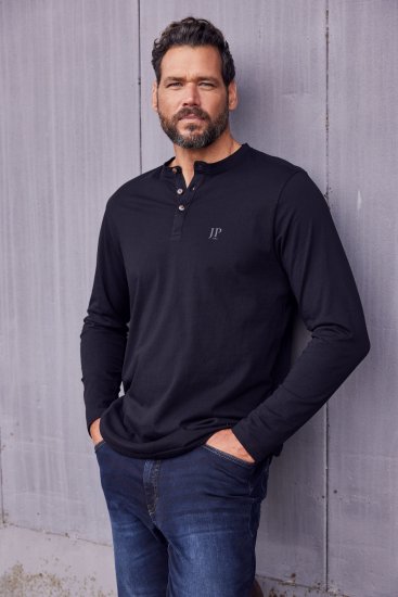 JP1880 Henley T-Shirt Long Sleeve Black TALL - HERREKLÆR MT-6XLT - Klær for høye menn