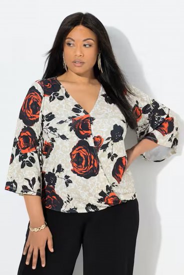 Ulla Popken Rose Print Faux Wrap Top Off-White - T-skjorter - 