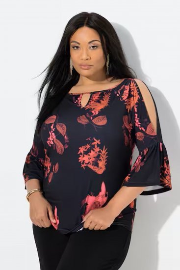 Ulla Popken Botanical Print Cold Shoulder Top Black - T-skjorter - 