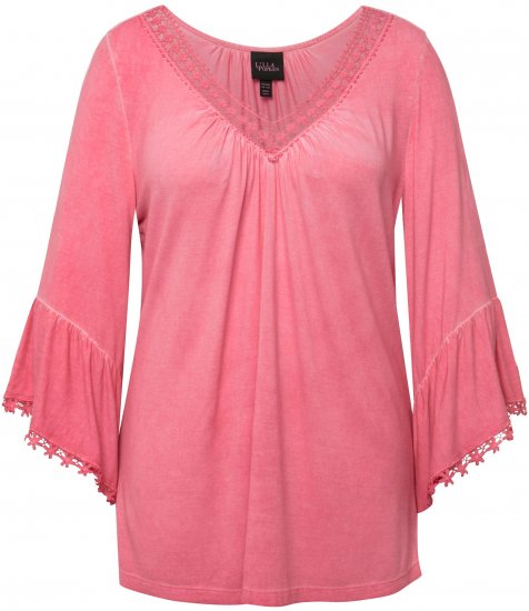 Ulla Popken Trumpet Sleeve Cold Dyed Tee Dark Pink - Trykket T-skjorter for dame - 