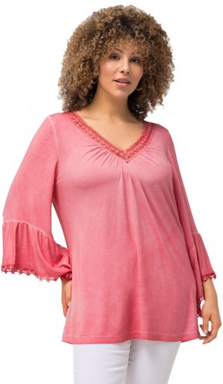 Ulla Popken Trumpet Sleeve Cold Dyed Tee Dark Pink - Trykket T-skjorter for dame - 