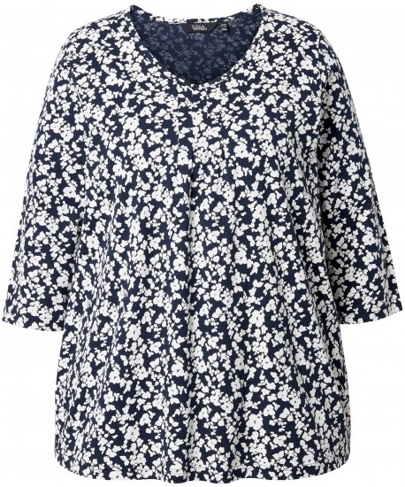Ulla Popken Floral 3/4 Sleeve V-Neck A-Line Tee Navy - T-skjorter - 