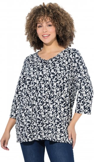 Ulla Popken Floral 3/4 Sleeve V-Neck A-Line Tee Navy - T-skjorter - 