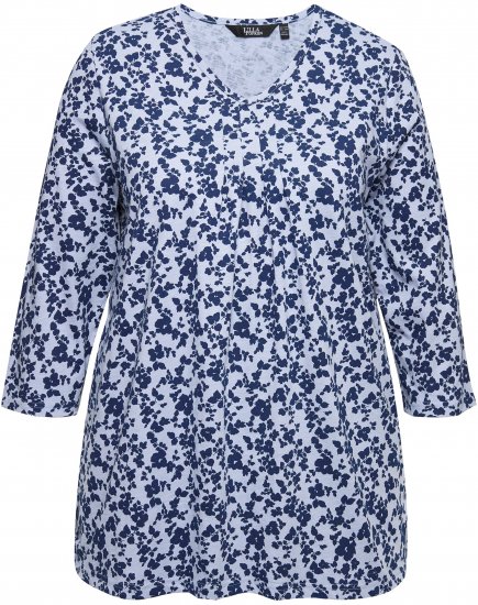 Ulla Popken Floral 3/4 Sleeve V-Neck A-Line Tee Blue - T-skjorter - 