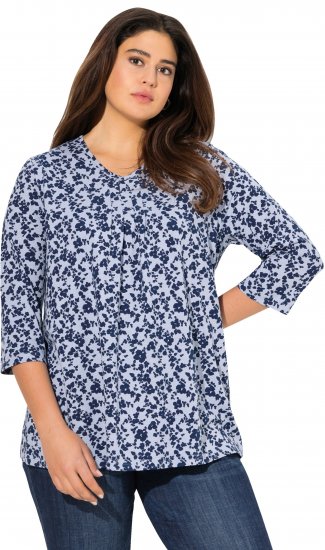 Ulla Popken Floral 3/4 Sleeve V-Neck A-Line Tee Blue - T-skjorter - 