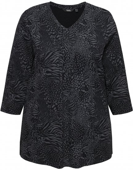Ulla Popken Animal Print 3/4 Sleeve V-Neck Tee Black - T-skjorter - 