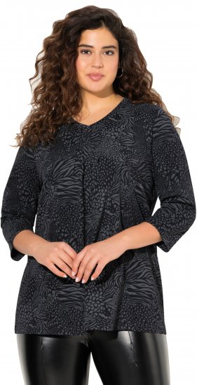 Ulla Popken Animal Print 3/4 Sleeve V-Neck Tee Black - T-skjorter - 