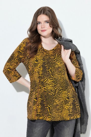 Ulla Popken Animal Print 3/4 Sleeve V-Neck Tee Neon Orange - T-skjorter - T-skjorter for damer