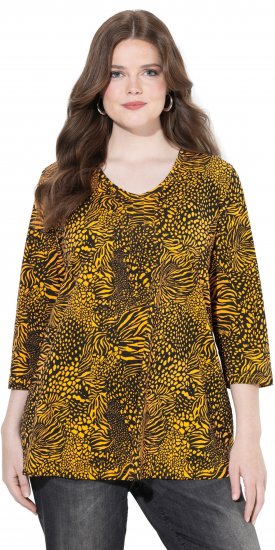 Ulla Popken Animal Print 3/4 Sleeve V-Neck Tee Neon Orange - T-skjorter - 
