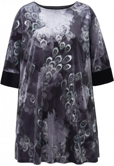 Ulla Popken Velvet Peacock Feather 3/4 Sleeve Tunic Blouse Black - T-skjorter - 