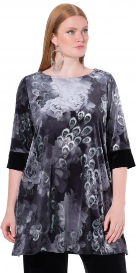 Ulla Popken Velvet Peacock Feather 3/4 Sleeve Tunic Blouse Black - T-skjorter - 