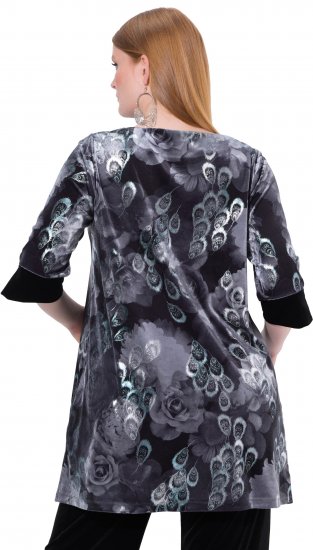 Ulla Popken Velvet Peacock Feather 3/4 Sleeve Tunic Blouse Black - T-skjorter - 