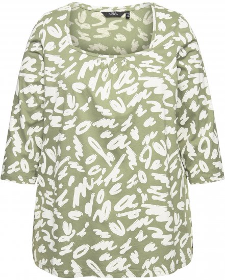 Ulla Popken Scribble Print Square Neck 3/4 Sleeve Tee Sage Green - Trykket T-skjorter for dame - 