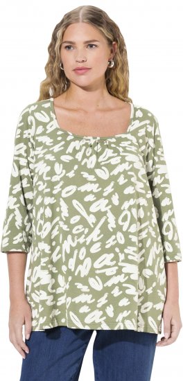 Ulla Popken Scribble Print Square Neck 3/4 Sleeve Tee Sage Green - Trykket T-skjorter for dame - 