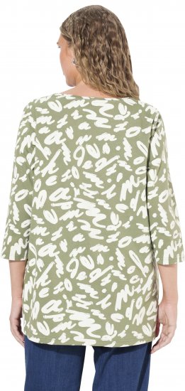 Ulla Popken Scribble Print Square Neck 3/4 Sleeve Tee Sage Green - Trykket T-skjorter for dame - 