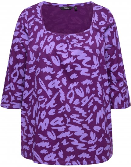 Ulla Popken Scribble Print Square Neck 3/4 Sleeve Tee Violet - Trykket T-skjorter for dame - 