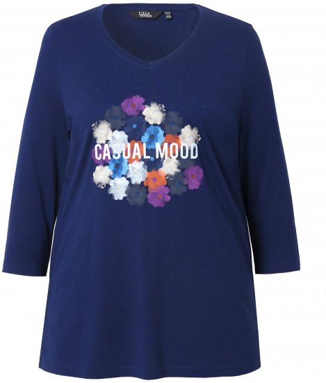Ulla Popken Casual Mood Floral V-Neck Tee Navy - T-skjorter - 