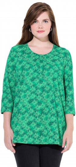 Ulla Popken Graphic Flower A-Line 3/4 Sleeve Tee Moss Green - T-skjorter - 