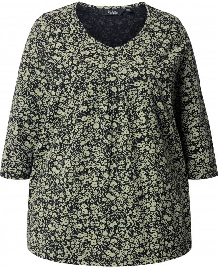 Ulla Popken Pleated Floral Print 3/4 Sleeve Tee Pond Green - Trykket T-skjorter for dame - 