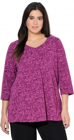 Ulla Popken Pleated Floral Print 3/4 Sleeve Tee Raspberry - Trykket T-skjorter for dame - 