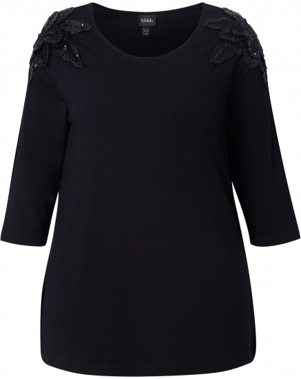 Ulla Popken Flower Epaulet 3/4 Sleeve Top Black - Trykket T-skjorter for dame - 
