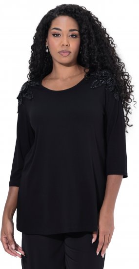 Ulla Popken Flower Epaulet 3/4 Sleeve Top Black - Trykket T-skjorter for dame - 