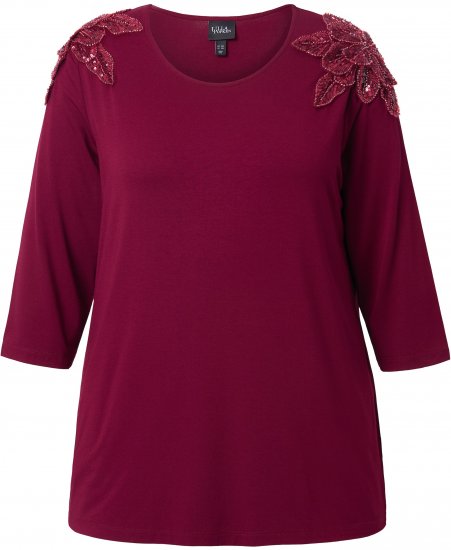 Ulla Popken Flower Epaulet 3/4 Sleeve Top Dark Cherry Red - Trykket T-skjorter for dame - 