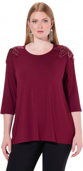 Ulla Popken Flower Epaulet 3/4 Sleeve Top Dark Cherry Red - Trykket T-skjorter for dame - 