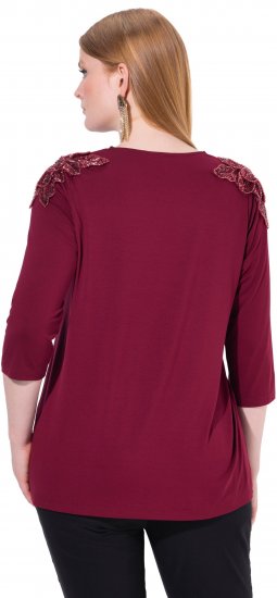 Ulla Popken Flower Epaulet 3/4 Sleeve Top Dark Cherry Red - Trykket T-skjorter for dame - 