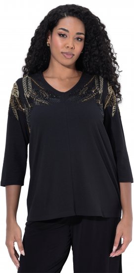 Ulla Popken Feather Beadwork 3/4 Sleeve Top Black - Trykket T-skjorter for dame - 