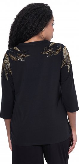 Ulla Popken Feather Beadwork 3/4 Sleeve Top Black - Trykket T-skjorter for dame - 