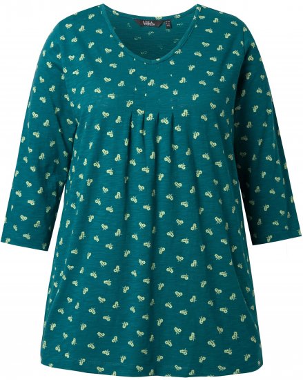 Ulla Popken Flower Print 3/4 Sleeve Tee Teal Green - T-skjorter - 